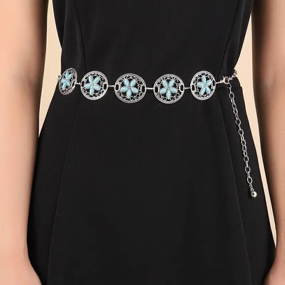 Women's Retro Ethnic Style Geometric Metal Turquoise Waist Chain Belt - Picture 1 of 4